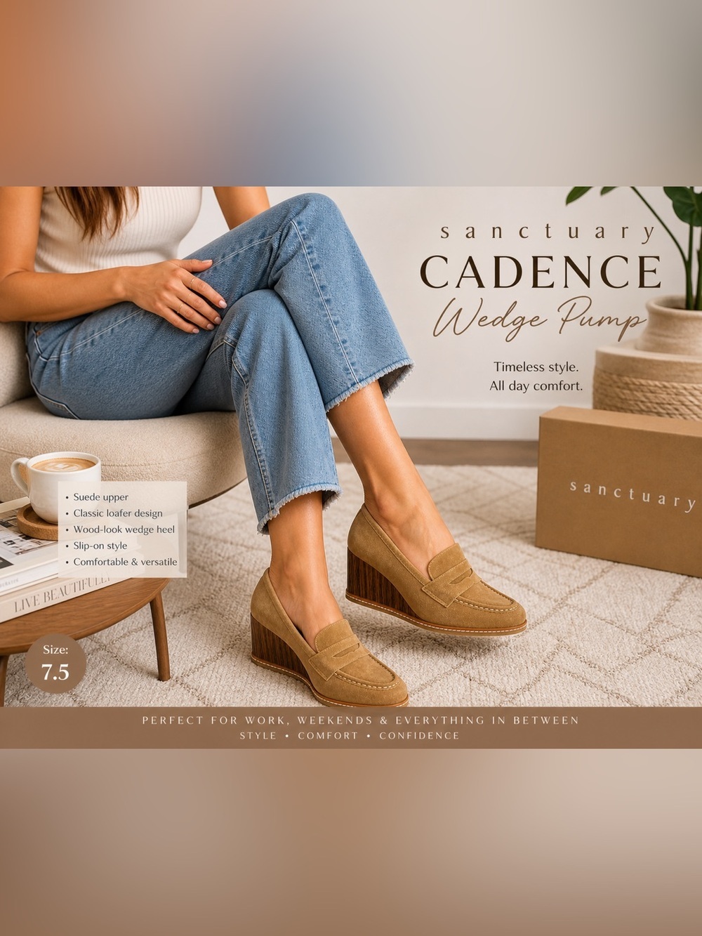 Sanctuary Cadence Wedge Pump Suede Tan Wood Heel Loafer 7.5 NIB